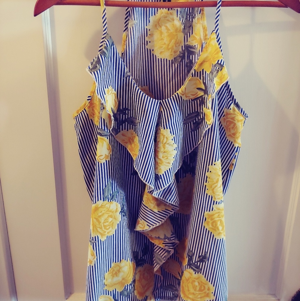 Blue striped floral and ruffled shirt